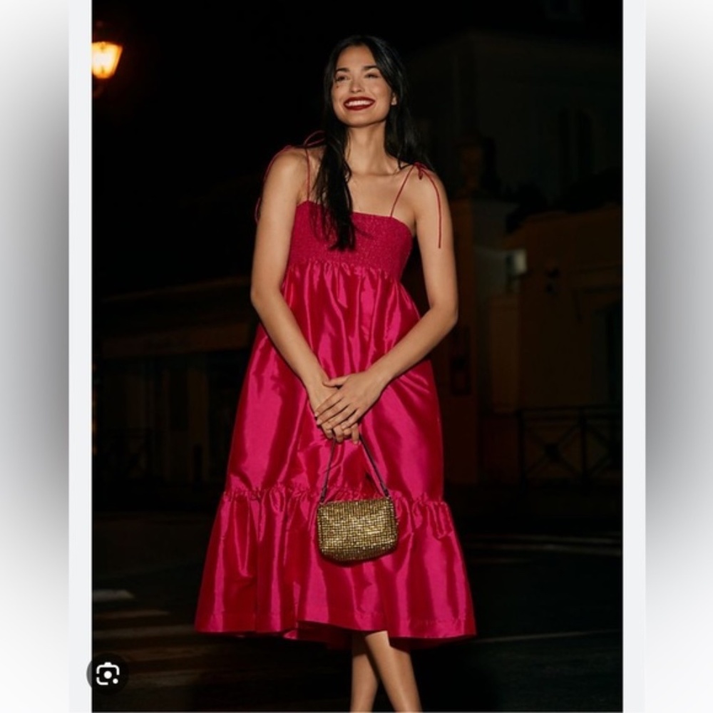 Anthropologie Fuchsia Pink Satin Tie-Strap Midi Dress